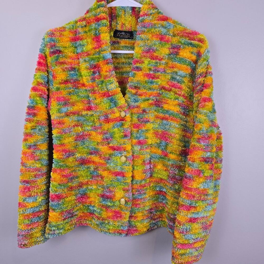 DOPAMINE SPARKLE STRIPED EPISODE Jacket LARGE Chunky Knit Button Stretch RETRO